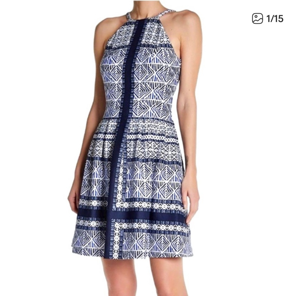 Vince Camuto Printed Scuba Halter Fit & Flare Dress